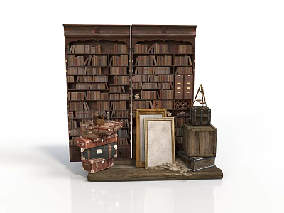Vintage Bookshelf Display With Stacked Books Wooden Boxes And Old Frames 3d model