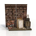 Vintage Bookshelf Display With Stacked Books Wooden Boxes And Old Frames