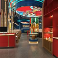 Stylish Restaurant Interior Featuring Red Cabinets Green Chairs Decorative Ceiling And Colorful Murals