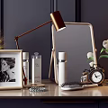 Elegant Perfume Cosmetics Arrangement With Transparent Bottles Mirror Table Lamp And White Tulips
