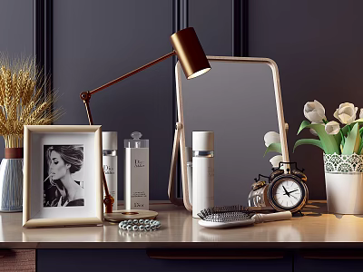 Elegant Perfume Cosmetics Arrangement With Transparent Bottles Mirror Table Lamp And White Tulips 3d model