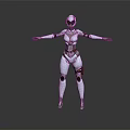 Game Movie Character Silver Female Mechanical Robot With Red Joint Details Standing In Gray Background