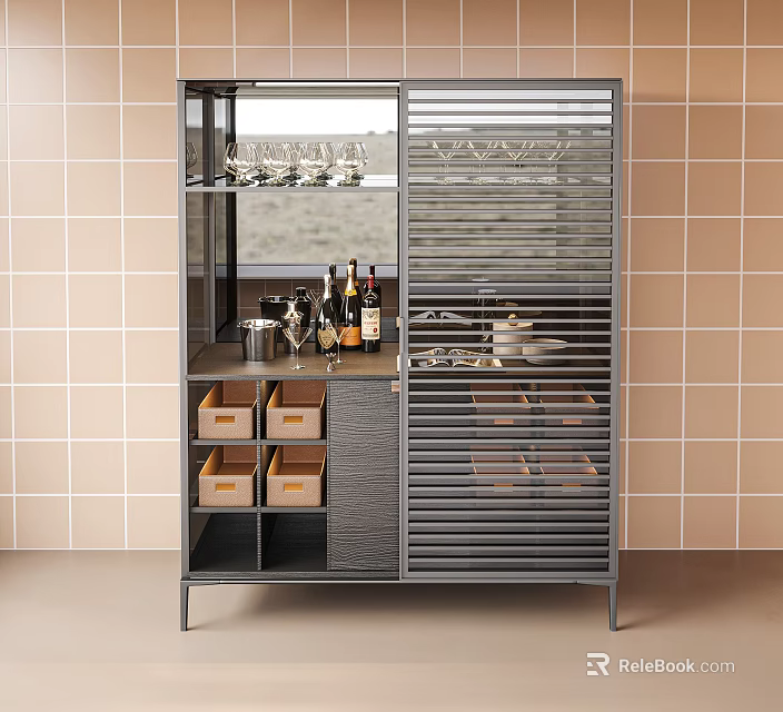 Elegant Modern Wine Cabinet With Slatted Doors Wine Bottles Glasses Drawers And Tile Wall 3d model 