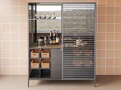 Elegant Modern Wine Cabinet With Slatted Doors Wine Bottles Glasses Drawers And Tile Wall 3d model