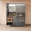 Elegant Modern Wine Cabinet With Slatted Doors Wine Bottles Glasses Drawers And Tile Wall