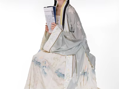 Woman in Traditional Chinese Hanfu Sitting and Holding a Book With Floral Patterns 3d model