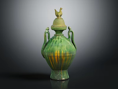 Green Ceramic Vase With Bird Lid Two Handles And Striped Design For Home Decor 3d model