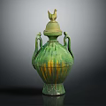 Green Ceramic Vase With Bird Lid Two Handles And Striped Design For Home Decor