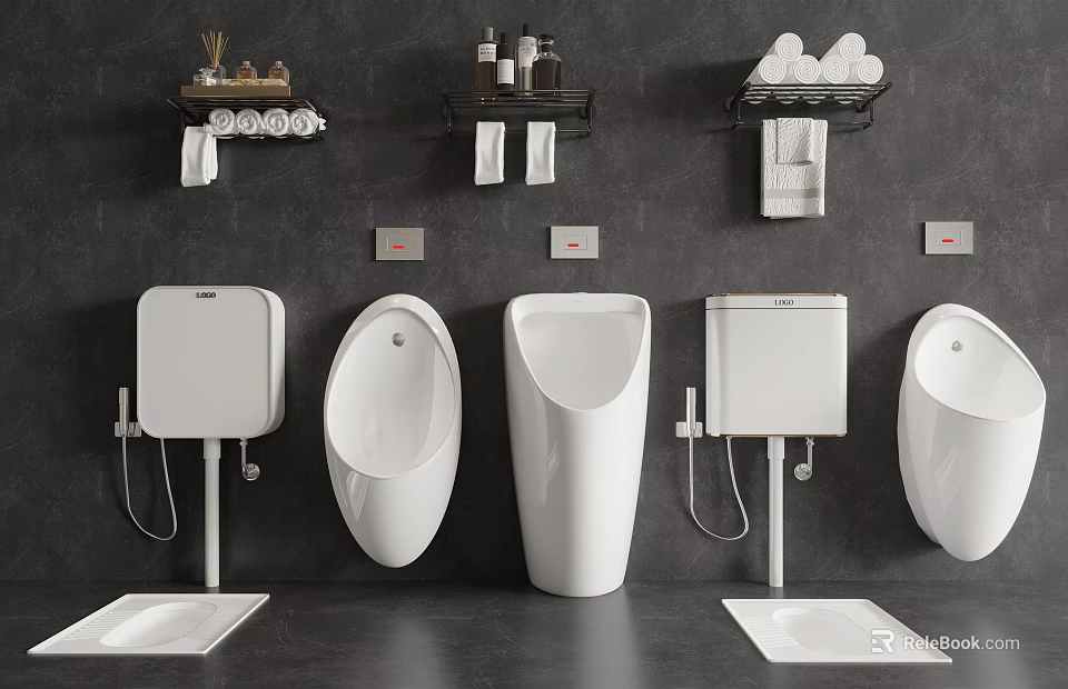 Sleek White Urinals Mounted on Black Bathroom Wall with Shelves Towels and Toiletries 3d model 