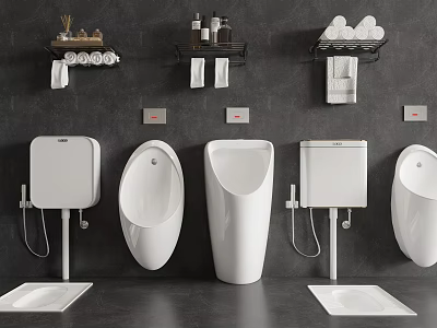 Sleek White Urinals Mounted on Black Bathroom Wall with Shelves Towels and Toiletries 3d model