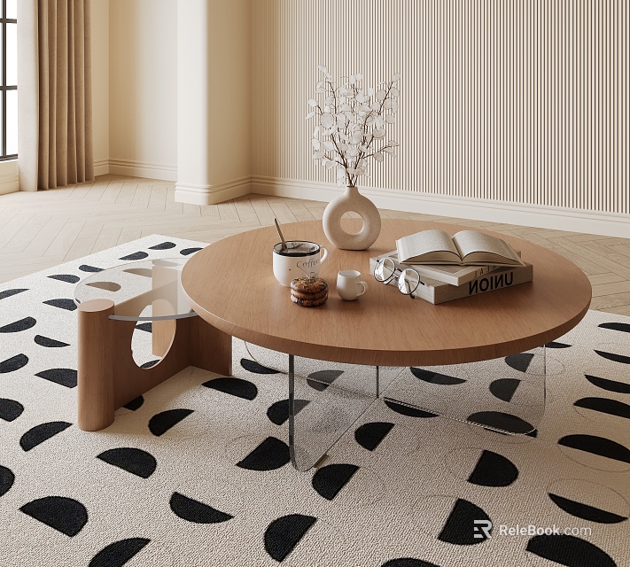 Round Wooden Coffee Table With Transparent Stand On Black White Geometric Rug 3d model 