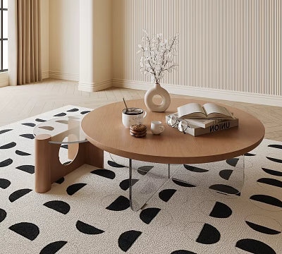 Round Wooden Coffee Table With Transparent Stand On Black White Geometric Rug 3d model