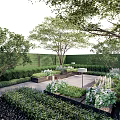 Courtyard Garden Design With Lush Trees Shrubs Hedges Stone Path And Flower Beds