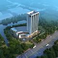 Modern Commercial Complex High Rise Building With Glass Facade And Urban Greenery