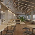 Modern Restaurant Interior With Exposed Wooden Beams Long Tables And Indoor Plants