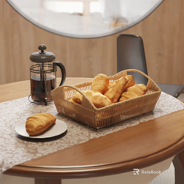Fresh Croissants in Wicker Basket with French Press and Small Plate on Wooden Table 3d model 