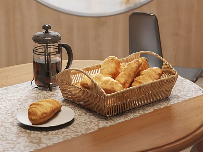 Fresh Croissants in Wicker Basket with French Press and Small Plate on Wooden Table 3d model