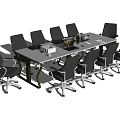 Modern Conference Table With White Surface Black Metal Frame And Gray Rolling Chairs