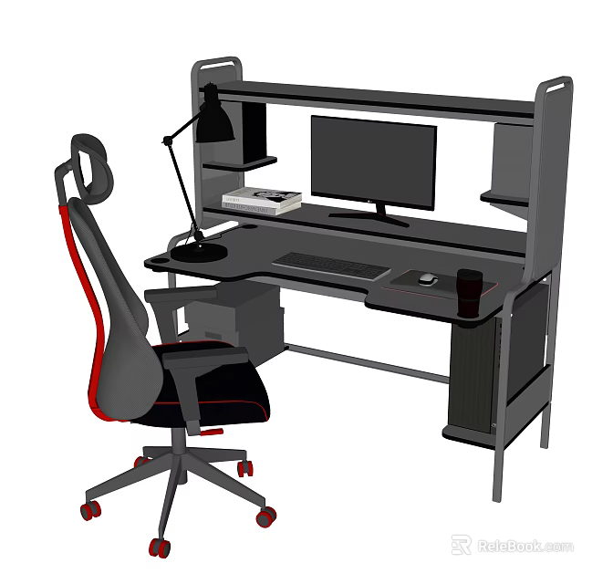 Modern Office Desk Setup With Computer Monitor Desk Lamp Ergonomic Chair And Shelves 3d model 