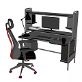 Modern Office Desk Setup With Computer Monitor Desk Lamp Ergonomic Chair And Shelves