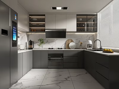Modern Kitchen Interior With Gray Cabinets Marble Countertops And Built-in Appliances 3d model