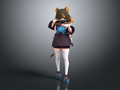 Cat Eared Character Wearing Dark Outfit With Blue Design And White Stockings 3d model