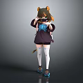 Cat Eared Character Wearing Dark Outfit With Blue Design And White Stockings