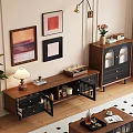 Wooden TV Stand With Glass Doors Black Drawers Table Lamp And Wall Art