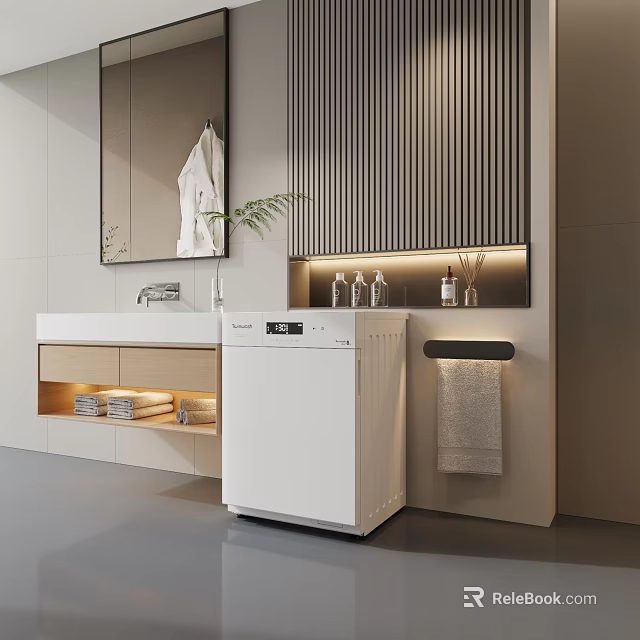 Modern Bathroom Sink With Wooden Cabinet Mirror Towel Rack Toiletries And Striped Wall 3d model 