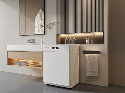 Modern Bathroom Sink With Wooden Cabinet Mirror Towel Rack Toiletries And Striped Wall 3d model