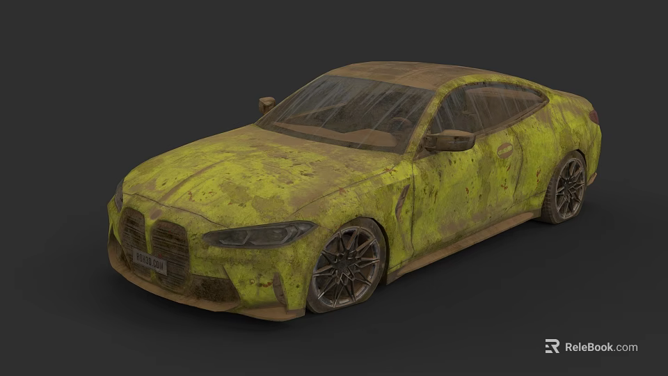 Rusty Yellow Muddy Weathered Old Coupe Car Abandoned On Black Background 3d model 