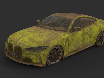 Rusty Yellow Muddy Weathered Old Coupe Car Abandoned On Black Background 3d model
