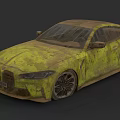 Rusty Yellow Muddy Weathered Old Coupe Car Abandoned On Black Background