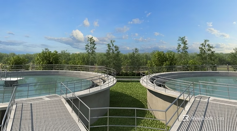 Modern Industrial Plant With Circular Tanks Metal Railings Green Grass Blue Sky And White Clouds 3d model 