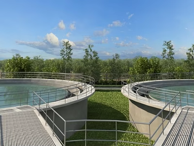 Modern Industrial Plant With Circular Tanks Metal Railings Green Grass Blue Sky And White Clouds 3d model