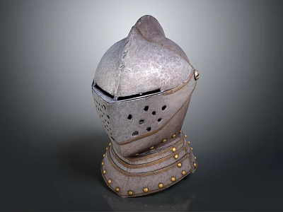 Ancient Medieval Metal Helmet With Grilled Visor And Brass Rivets Design 3d model