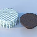 Two Round Dining Tables Featuring Blue White Plaid Tablecloth And Dark Wooden Surface 3d model