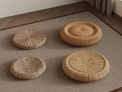 Round Woven Floor Cushions On Beige Carpet For Interior Decoration 3d model