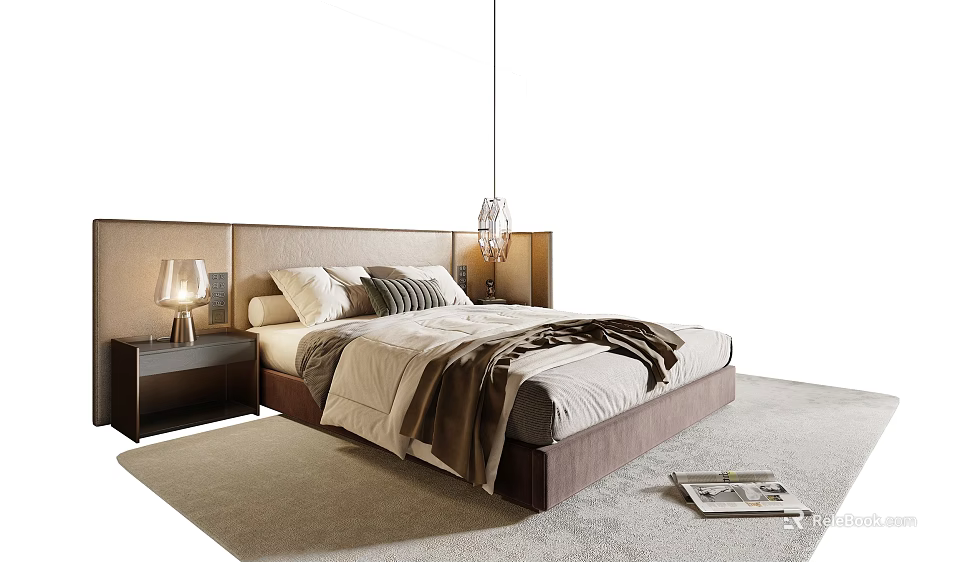 Double Bed with Beige Upholstered Headboard Pillows Blanket Nightstand Table Lamp Pendant Light on Rug 3d model 