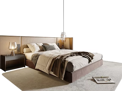 Double Bed with Beige Upholstered Headboard Pillows Blanket Nightstand Table Lamp Pendant Light on Rug 3d model