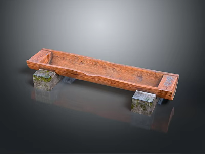 Wooden Long Rectangular Trough Supported By Stone Blocks On Dark Background 3d model