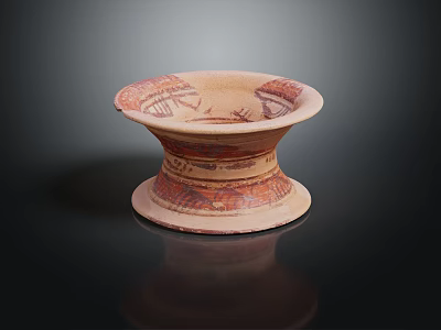 Ancient Ceramic Pedestal Bowl With Intricate Red Patterns And Decorations 3d model