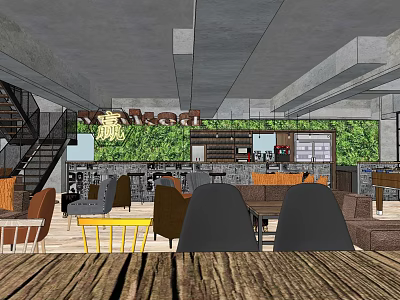 Modern Cafe Interior Design With Green Plant Wall Wooden Tables And Cozy Seating Area 3d model