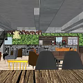 Modern Cafe Interior Design With Green Plant Wall Wooden Tables And Cozy Seating Area