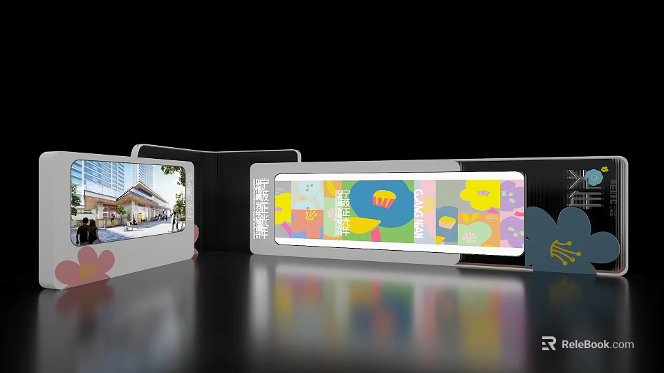 Modern Event Display Wall With Digital Screens Colorful Graphics And Building Visuals 3d model