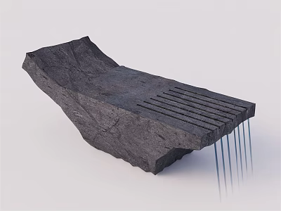 Natural Dark Stone Bench With Neatly Arranged Wooden Slats And Blue Accents 3d model