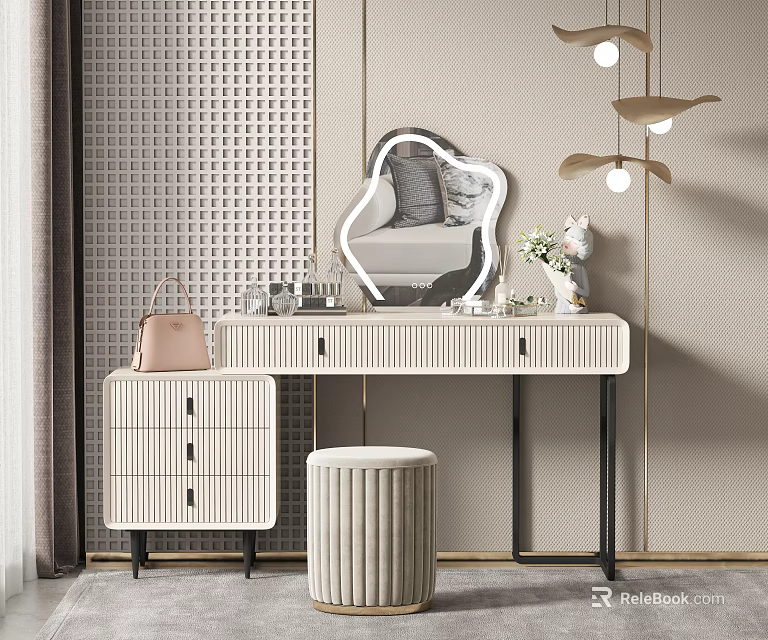 Elegant Dressing Table With Unique Shaped Mirror Padded Stool Drawers And Textured Wall Decor 3d model 