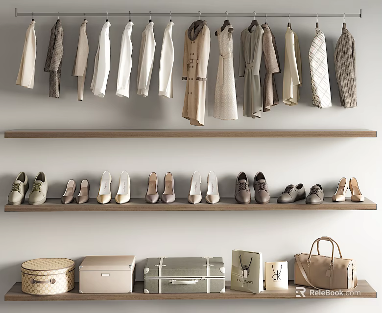 Stylish Clothes Hanging On Shelves With Shoes And Bags 3d model 
