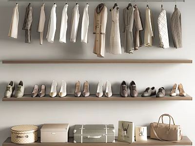Stylish Clothes Hanging On Shelves With Shoes And Bags 3d model
