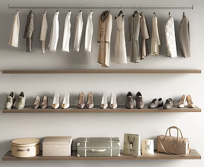 Stylish Clothes Hanging On Shelves With Shoes And Bags 3d model